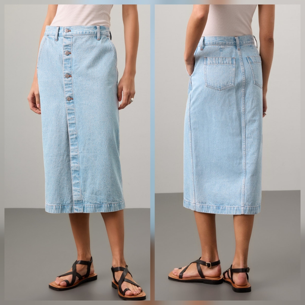 Madewell Wrap Midi Skirt In Blue Cotton Size 24